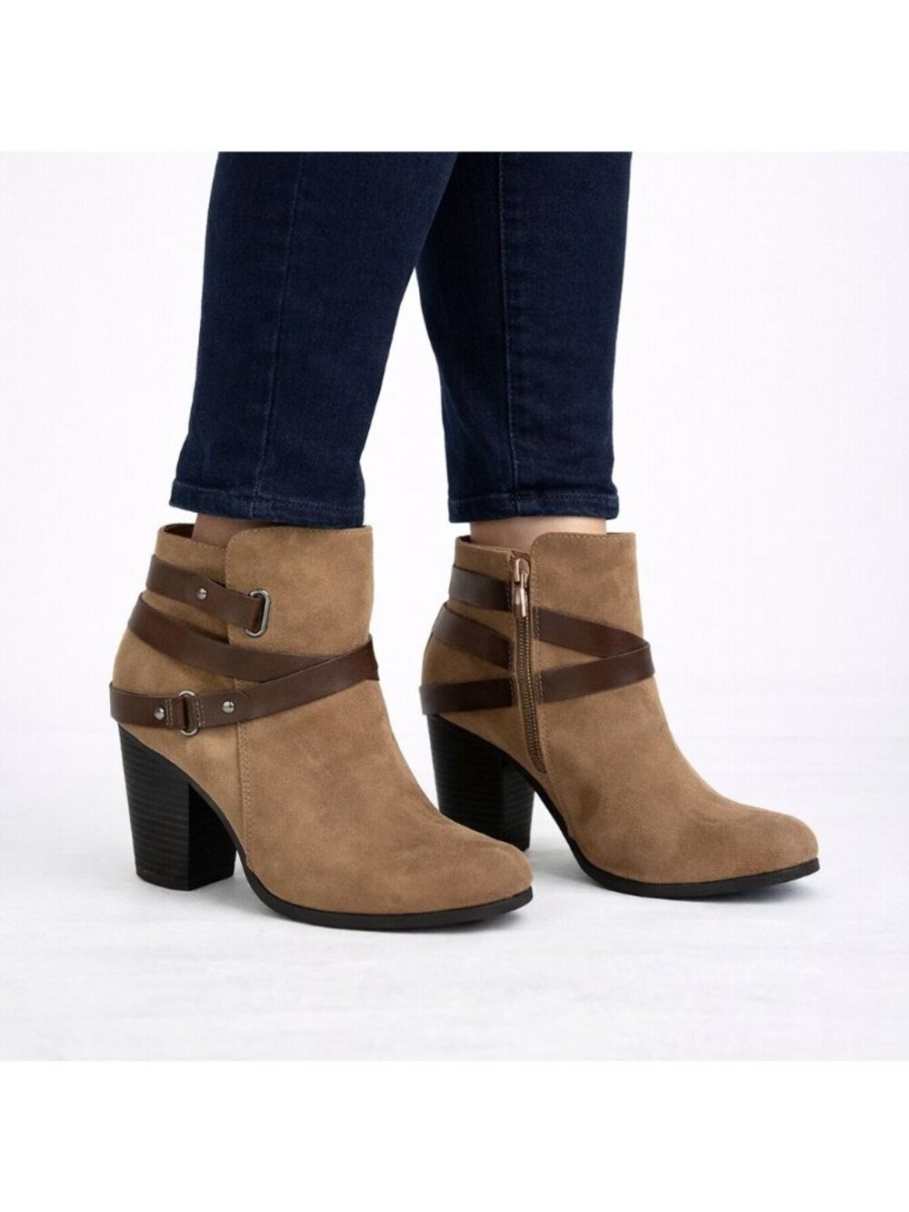 Torrid Womens Faux Suede Strappy Bootie Stacked Heel Brown Extra Wide Size 8W